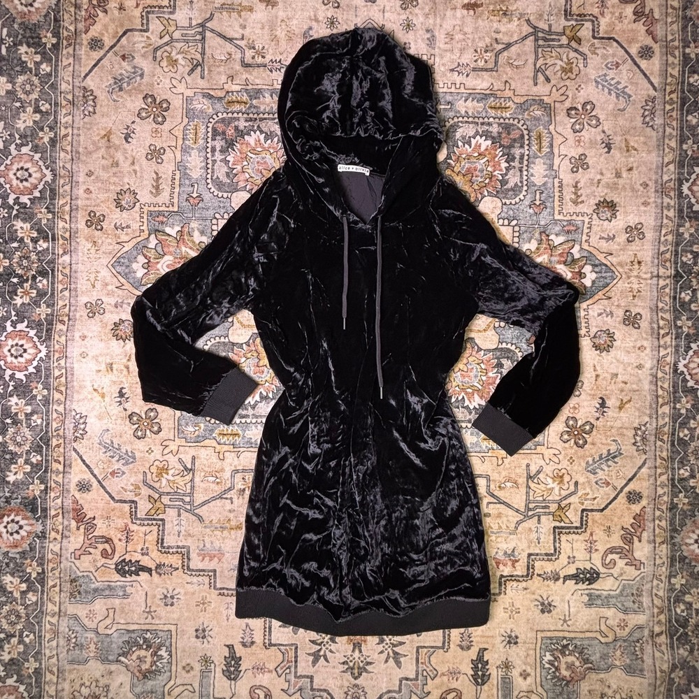 Alice + Olivia Black Crushed Velvet Hoodie Dress Silk Wool Blend Small Fall Chic